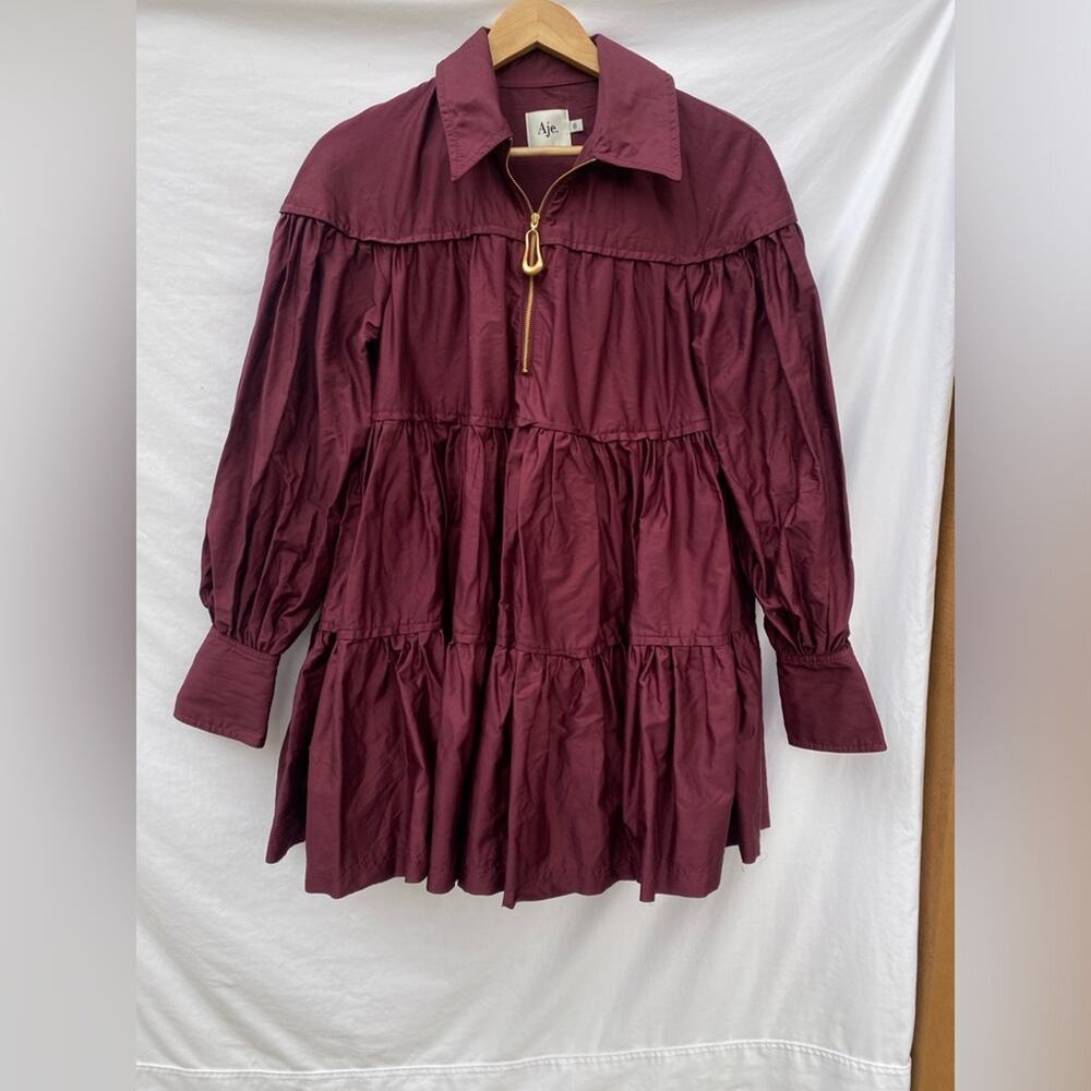 Aje. Wine red tiered zip Francis Mini Dress - Picture 5 of 9